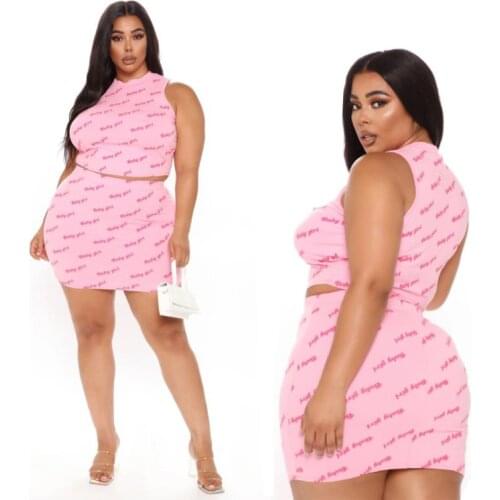 2021 Summer Woman Dresses Pink Sexy Cool Skinny Sleeveless Large-size Womens Casual Letter Printed Bag Hip Skirt Two-piece Set