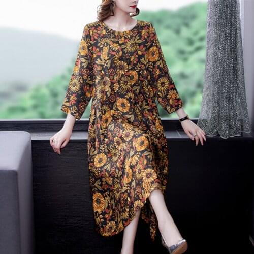 Spring Casual Loose 4XL Plus Size Dress Women Elegant Bodycon Party Vestidos 2021 Summer Vintage Print Mulberry Silk Midi Dress