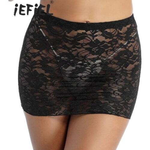 Women See-through Flower Pattern Leotard Skirt Mid Waist Elastic Waistband Sheer Miniskirt Sissy Lace Lingerie Party Clubwear