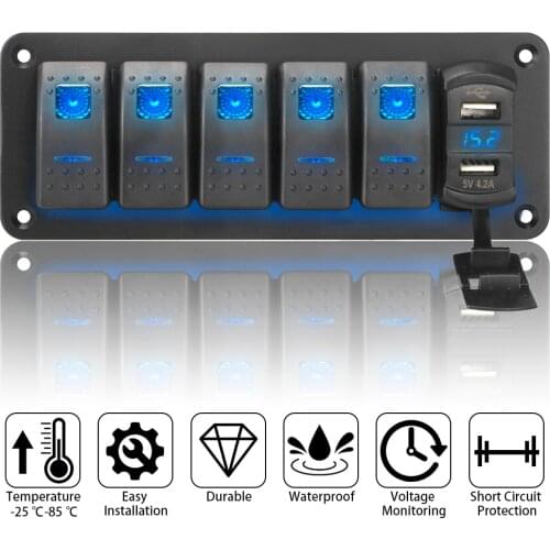 5 Gang Rocker Switch Panel Waterproof for Marine Car Truck Digital Voltage Display Dual USB Port 4.2A Outlet Combination