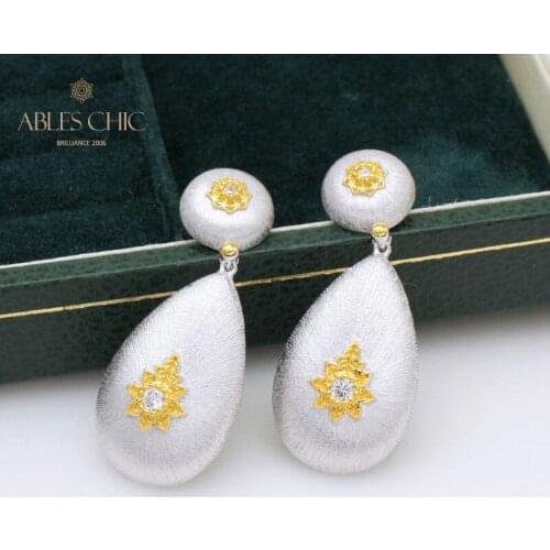 925 Silver Fabric Teardrop CZ Star Stud Earrings Yellow Golden Tone Silk Pattern Post Earring Renaissance Jewelry C11E4S25144