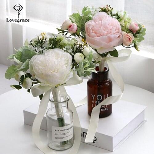 Lovegrace Wedding Bouquet Silk Peony Bridal Bouquet Bridesmaids Flowers Artificial White Pink Home Decoration Marriage Bouquets