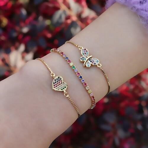 CZ Zircon Natural Stone Small Love Heart Bracelet Colorful Jewelry Gold Tiny Butterfly Bracelet for Women Girls Birthday Gift
