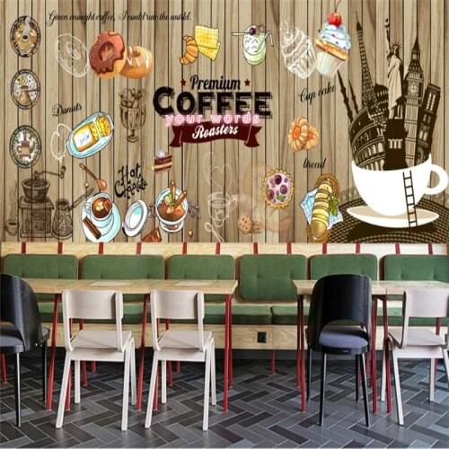 European and American Cafe 3D Retro Wood Grain Industrial Decor Wallpaper Coffee Dessert House Cake Shop Background Wallpaper 3D