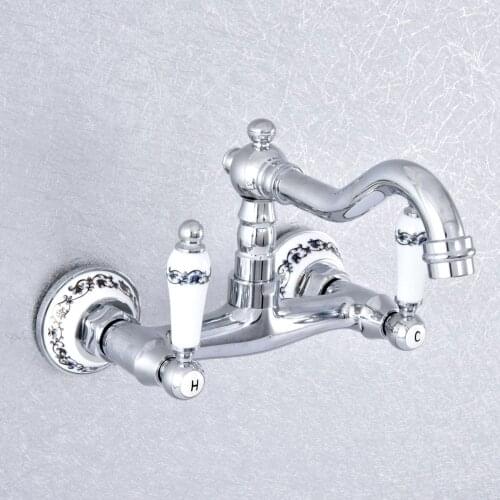 Chrome Wall Mounted Basin Faucets Bath Faucets Double Handle Dual Hole Bathroom Sink Washbasin Water Mixer Tap Nsf768