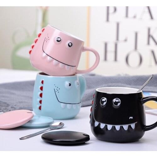 Creative Ceramic Cute Dinosaur Coffee Mug with Lid and Spoon Cartoon Porcelain Breakfast Milk Juice Office Teacup Drinkware