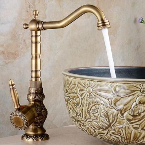 Brass Kitchen/Basin Faucet Antique Faucet Retro Carved Basin Faucet Rotating Single Handle Single Hole Hot And Cold