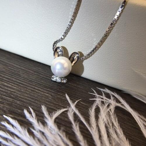 Cute 925 Sterling Silver Pearl Necklace Pendant Crystal Rabbit Ears Shape Necklaces Long Chain Jewelry Women Girls Gift