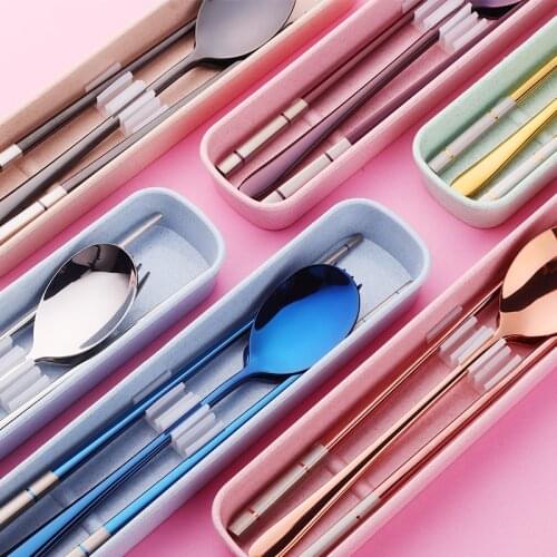 4Pcs/Set 18/8 Stainless Steel Chopsticks Spoon Fork Set Portable Dinnerware Set With Box Travel Cutlery Set Kitchen Tableware
