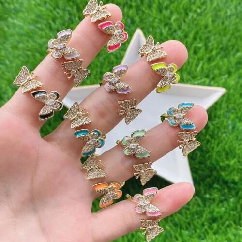 5PCS, Butterfly Couple Adjustable Opening Ring Set for Women Gold Color Crystal Zircon Enamel Rings Trendy Jewelry