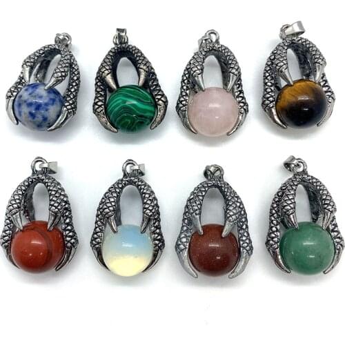 Natural Stone Pendant Carved Claw Ball Powder Crystal Malachite Lapis Lazuli Tiger Eye Opal Handmade DIY Charm Jewelry Creation
