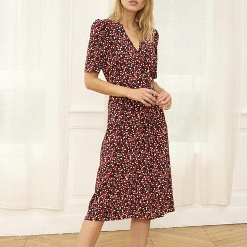 100% Silk Early Spring New All-match Wrap-around Retro-print Waist Slim-fit Short-sleeved Long Dress