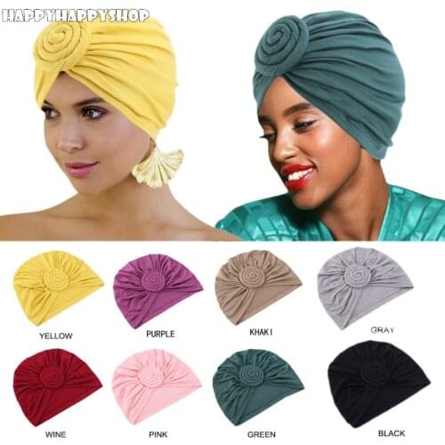 New Soft Ladies Flower Knot Pure Turban Hat Muslim Women Hijabs Beanie Hat Elastic Headband Headwrap Chemo Cap Hair Accessories