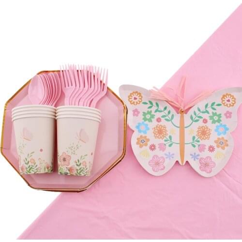 41 Sets of Disposable Tableware Pink Series Butterfly Shape Disposable Plates Cups Napkins Birthday Party Decorations Kids