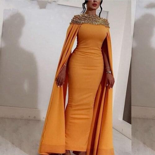 Orange Muslim Evening Dresses Mermaid Cap Sleeves Beaded Crystals Dubai Saudi Arabic Long Evening Gown