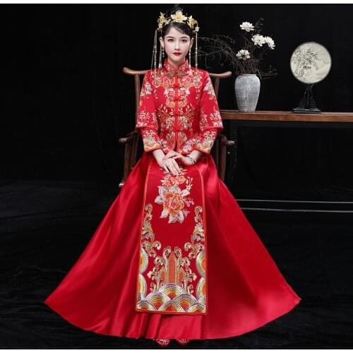 Autumn Chinese Traditional Wedding Embroidery Cheongsam Dress Banquet Stylish Elegant Bride Dress китайская одежда