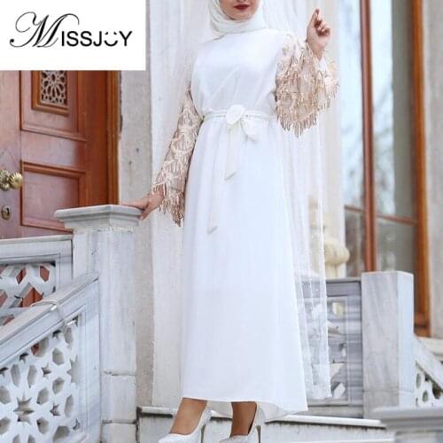 MISSJOY Pink Dresses Women Fashion Long Sleeve Patchwork Tassel Dubai abaya Turkish Islam Maxi dress Muslime kleid Arab clothing