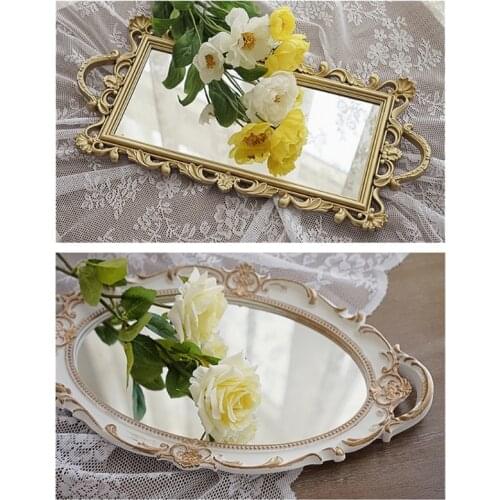 Vintage European Mirror Storage Tray Rectangle Oval Jewelry Display Fruit Plate Makeup Organizer Antique Decorative Serving 0430