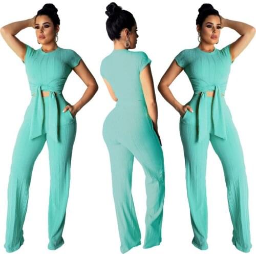 Striped Knitted Crop Top Lace Up Tshirt &Elegant Straight Pants Two Piece Set Elastic Fashion Elegant 2 Piece Set Women Outfits