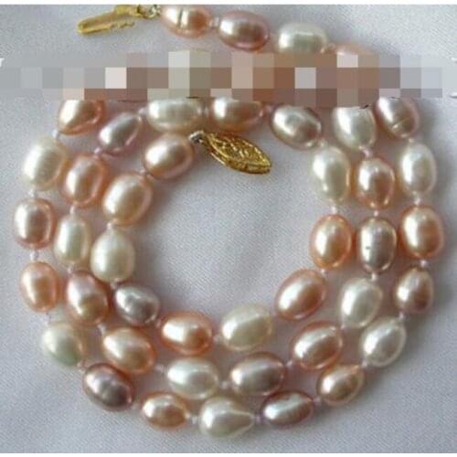 Stunning 9mm baroque rice white pink purple freshwater pearl necklace s706