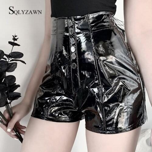Women PU Shorts Casual Gothic Sexy Club Punk Hip Hop Straight High Waist Button Back Zipper Black Cool Female Summer Shorts