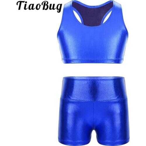 TiaoBug Kids Girls Shiny Metallic Sleeveless Crop Tops with High Waist Shorts Workout Gymnastics Ballet Performance Dance Wear