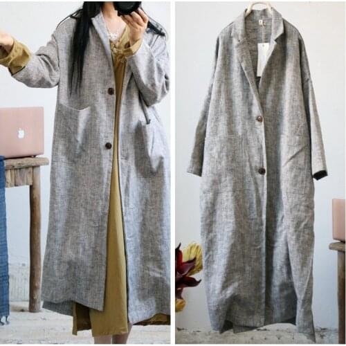 Women Retro Linen Thick Linen Trench Coat Outwear Ladies Autumn Spring Overcoat Long Coat Female Vintage Flax Coat 2018