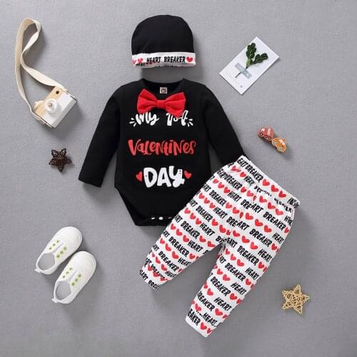 Spring Newborn Babys Girls Boys Clothes Heart Letter Long Sleeve Jumpsuit and Pants Hat Valentines Day Set