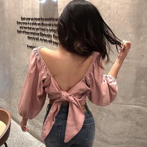 2021 Summer Women New Sexy Backless Bow Tie T-shirt Korean Style Sweet Half Sleeve Ladies All-match Tshirt Solid Streetwear Tops