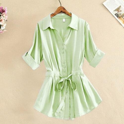 Fashion Summer Women Long Blouse Half Sleeve Single Breasted Solid Color Casual Ladies Green Black Shirt Plus Size S-3XL