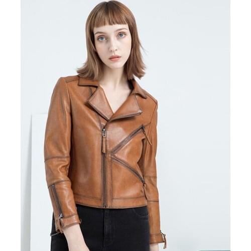 2021 New Arrival Vintage Pu Leather Jacket Ladies Faux Locomotive Short Lapel Collar Motorcycle Coat For Women Trench Clothes