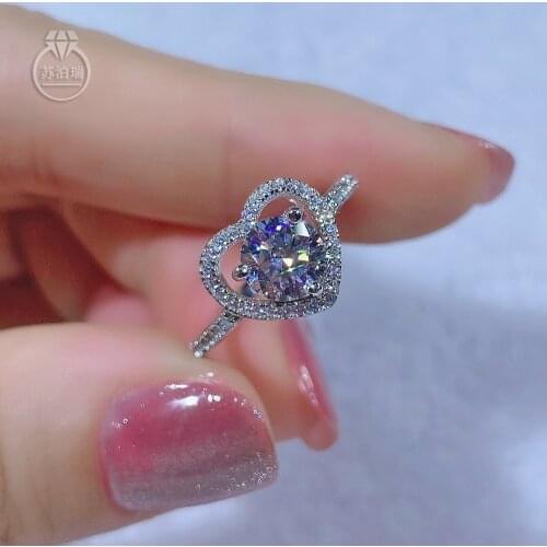 Love heart design real moissanite ring 6.5MM 1CT for Women girl friend Gift birthday present Luxury quality Diamond rings