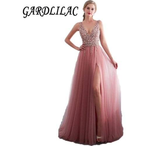 Gardlilac Beading Evening Dress 2020 V-Neck Pink High Split Tulle Sweep Train Sleeveless Prom Gown A-line Lace Up Backless Vesti