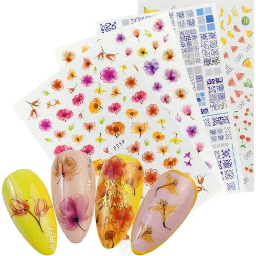 1 Sheet 3D Nail Stickers Adhesive Decals Flowers Leaf Geometry Fruit Dessert Designs Sliders Tattoo Manicure Decorations