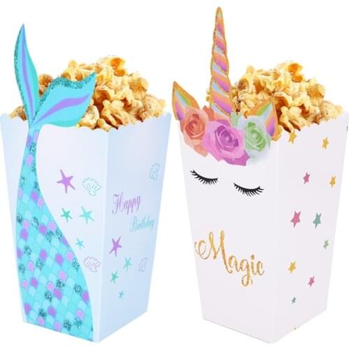 10pcs Unicorn / Mermaid Party Popcorn Boxes DIY Birthday Party Decor Unicorn Theme Party Popcorn Bags Baby Shower Kids Favors