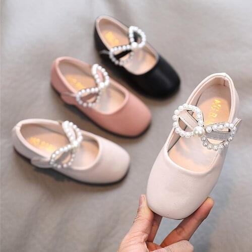 2021 new Girls Shoes Bowtie Mary Janes Shoes Pearls Buckle Princess Shoes Bling Kids Baby Children String Bead Shallow Flats
