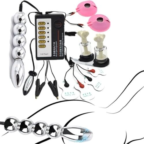 BDSM Sex Bondage Electric Shock Nipple Suckers Clamps Electro Metal Bead Anal Butt Plug Breast Stimulate Pads Medical Themed Toy