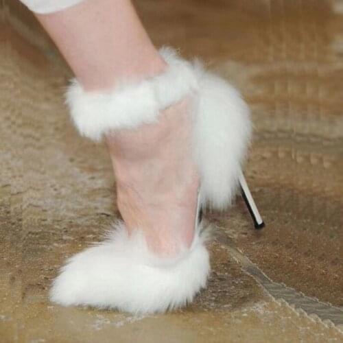 White Fur High Heels Sandals Elastic Band Ankle Strap Pointed Toe Dress Shoes Woman Sexy Lady Party Banquet Pumps Drop Shipping