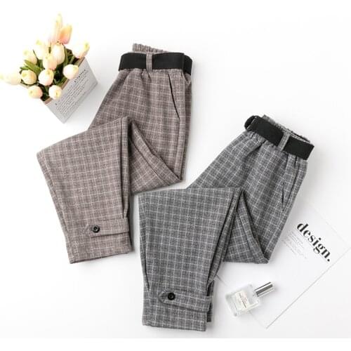Womens Wool Plaid Pants With Belt Korean Ankle-length Harem Pants Loose High Waist Autumn Trousers Female Casual Boot Wear P588