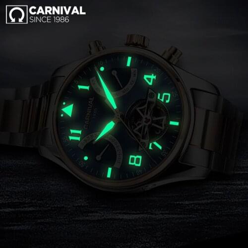 CARNIVAL Top Brand Luxury Tourbillon Watch Men Stainless Steel Automatic Mechanical Waterproof Busines Watch relogio masculino