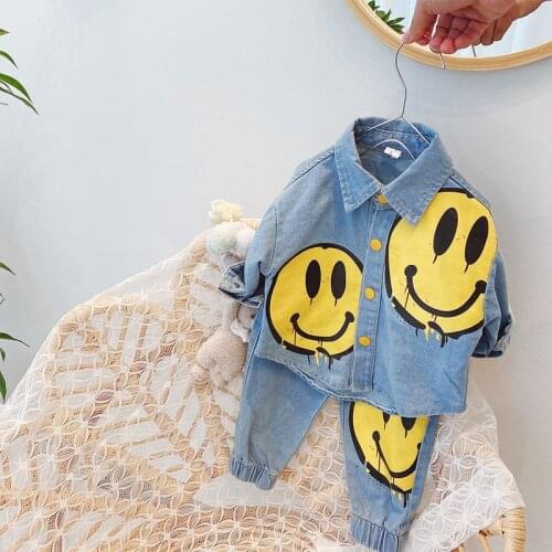 Childrens Sets for Boys and Girls Denim Jacket +Pants 1-6T Spring Printed Smiley Boy Fall Clothes Girls Outfits Kids Fashion
