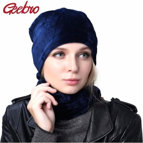 Geebro 2020 Womens Hat Skullies Beanie Polyester Knitted Hats Women balaclava Winter Warm Velvet Neck Scarf and Beanies Hats