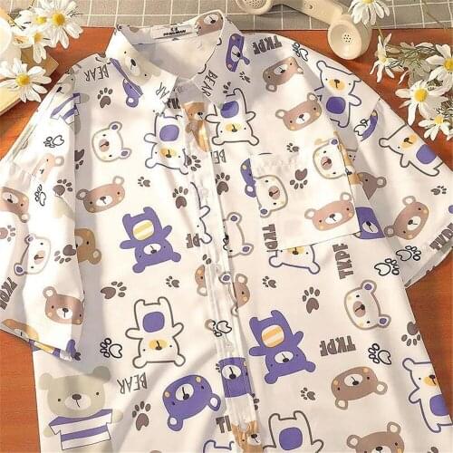 Kawaii Hip Hop Shirts Oversize Bear Animal Shirts Female Japanese Mens Shirts Short Sleeve Shirt Summer Loose Punk Blouse Shirt