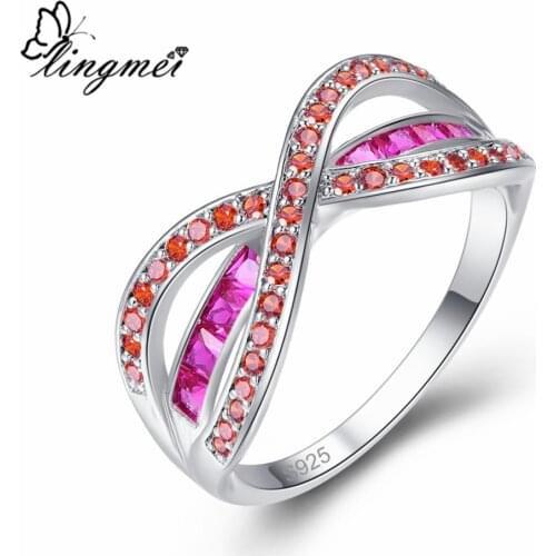Lingmei New Design Fashion Elegant Red Cubic Zirconia Silver Color Ring Size 6-9 Beautiful Women Anniversary Jewelry Saucy Rings