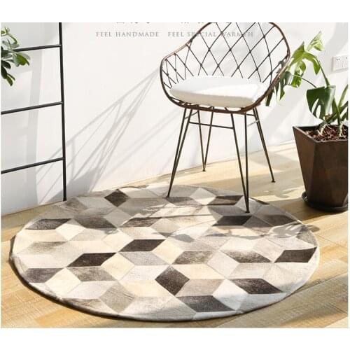 Round shaped natural cowhide seamed rug 150 cm genuine cows skin fur carpet for living room bedroom decoration American style
