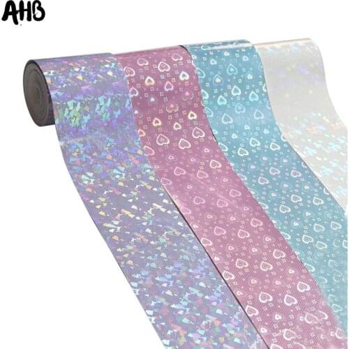 AHB Laser Ribbon Candy Mirror Leather Fabric 75mm Width Love Heart PU for Decorative DIY Hair Bow Ribbon Materials 2yards/bag