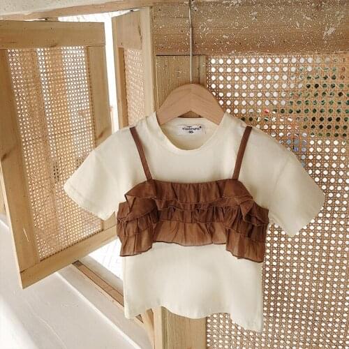 Summer New Baby Girls T Shirts Korean Fashion Toddler Fake Two Cotton T-shirts Kids Lace Sling Casual Tee Shirt for Girl 2-8 Y