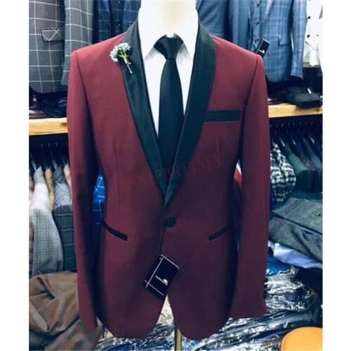 2020 Classic Suit Men 2 Pieces Set Slim Fit Men Suits for Wedding Prom Man Blazer Burgundy Groom Tuxedo Dress Jacket with Pants