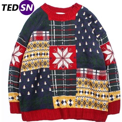 TEDSN 2021 Winter Christmas Knitted Ugly Sweater Men Streetwear Oversize Hip Hop Top Knit Pullover Harajuku Cotton Unisex Autumn