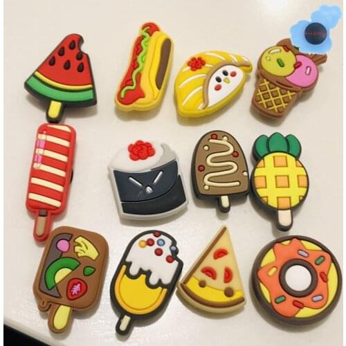 Hot Sales 1pcs Sushi Hotdog Ice Cream PVC Shoes Accessories Garden Shoe Decorations Fit Croc Jibz Charm Children Holiday Present